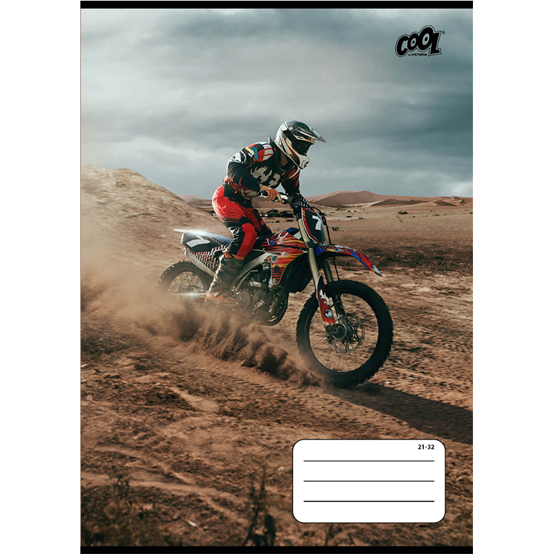 Füzet, tűzött, A5, vonalas, 32 lap, 4-8. osztály, COOL BY VICTORIA "Motocross", "21-32"