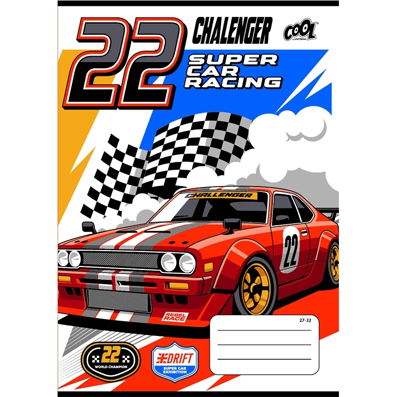 Füzet, tűzött, A5, kockás, 32 lap, COOL BY VICTORIA "Race cars", "27-32"