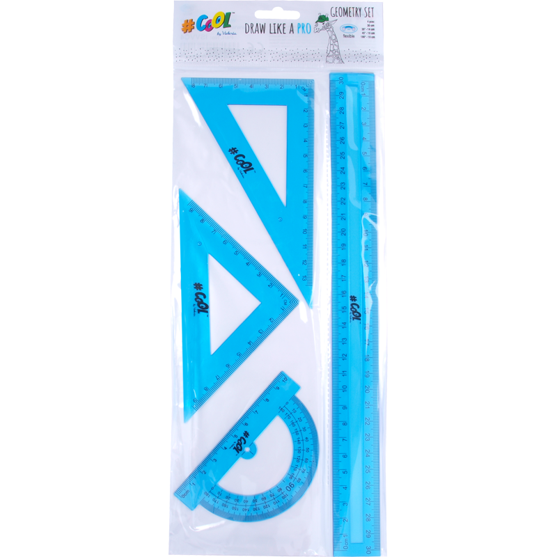 Vonalzókészlet, műanyag, 4 darabos, COOL BY VICTORIA, kék