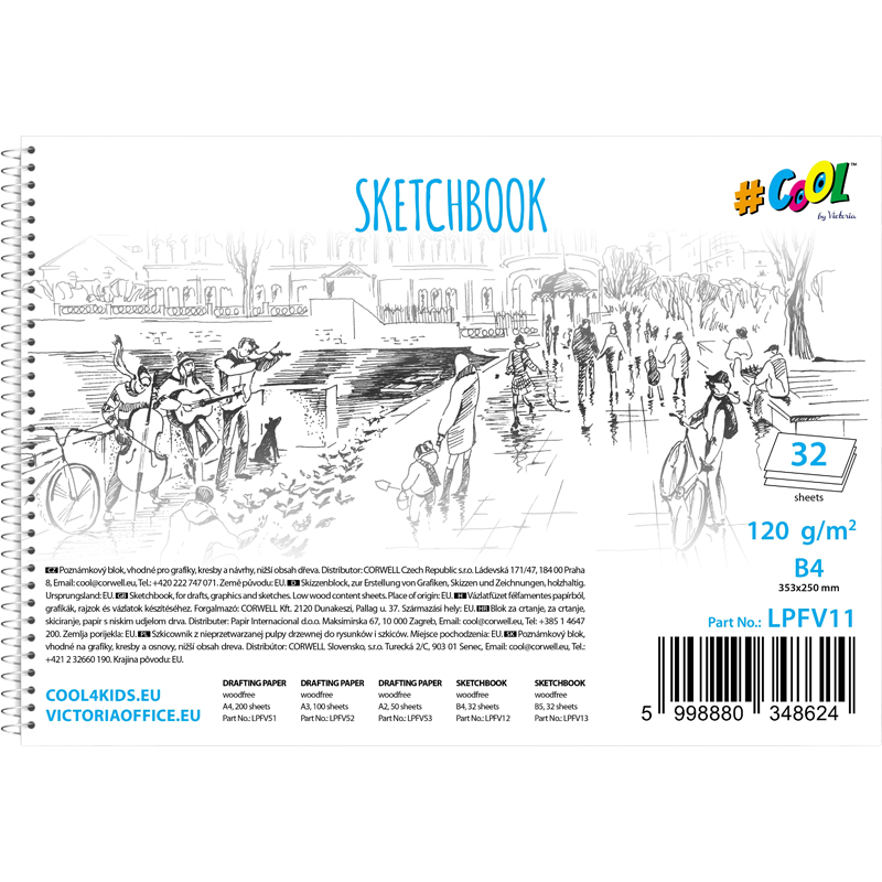Vázlatfüzet, félfamentes, B4, spirál, 32 lap, COOL BY VICTORIA