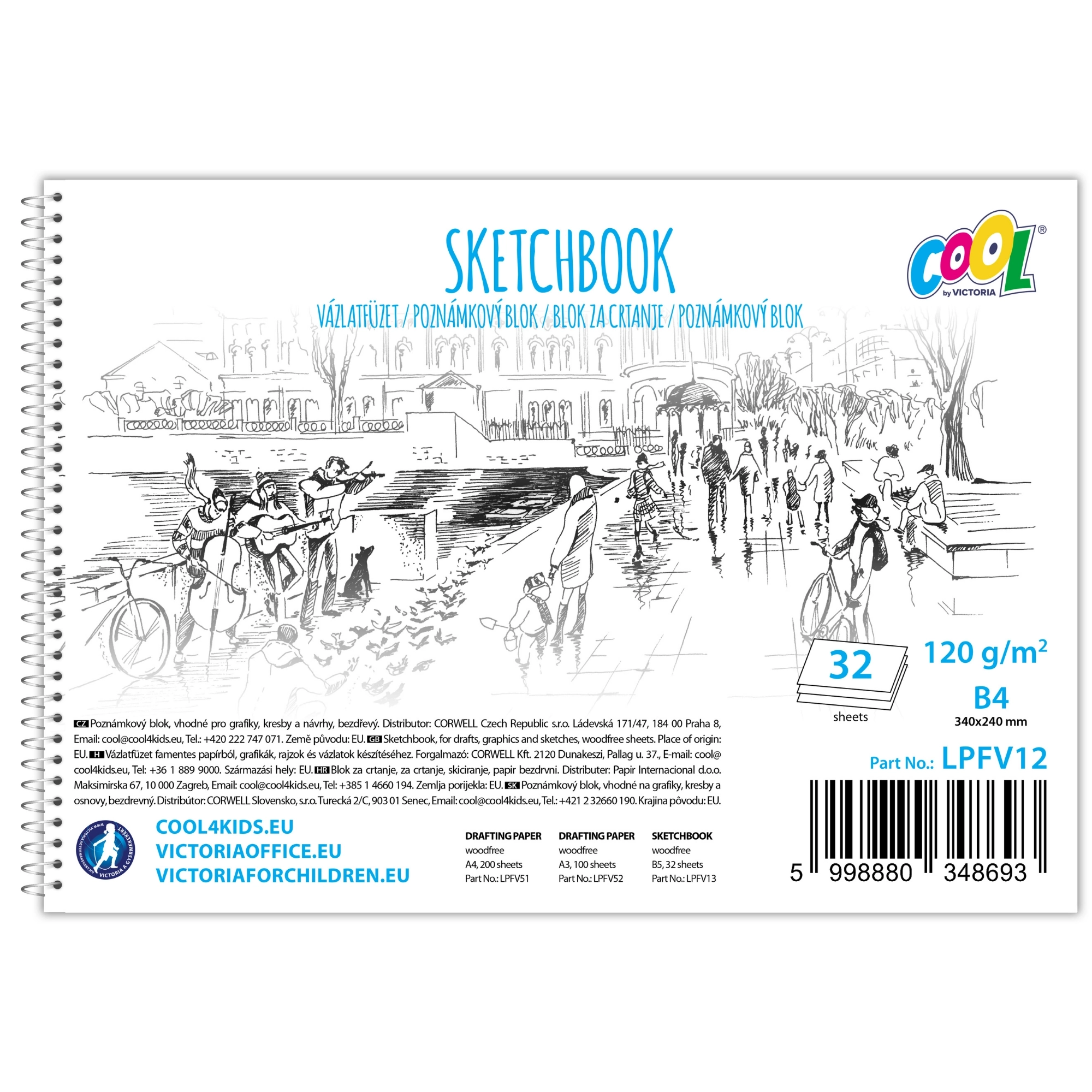 Náčrtník, bezdrevný, 32 listový, B4, špirálový, 120 g, COOL BY VICTORIA