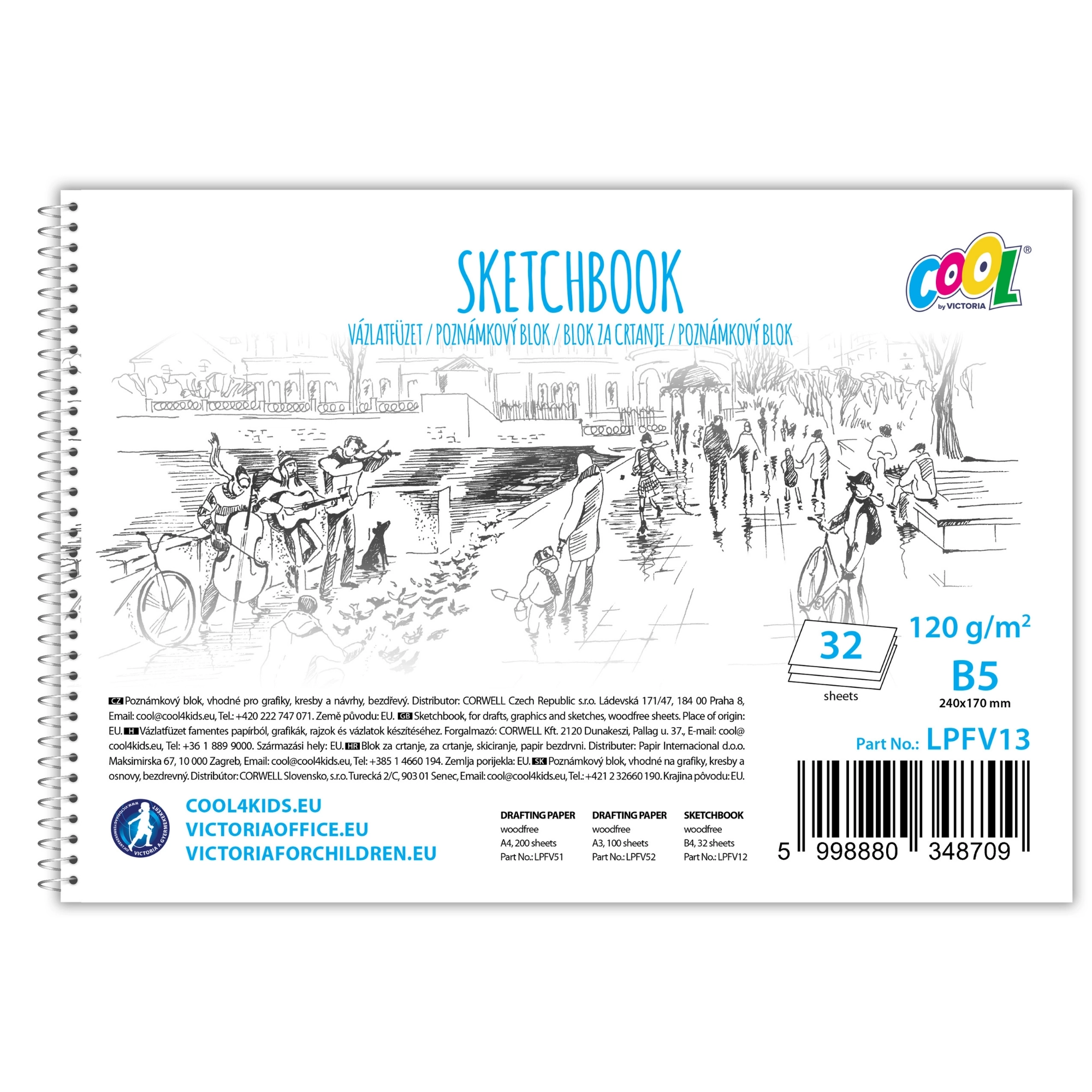 Náčrtník, bezdrevný, 32 listový, bezdrevný, B5, špirálový, 120 g, COOL BY VICTORIA