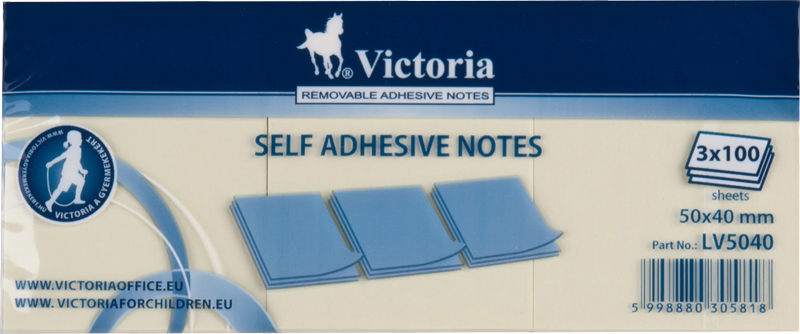 Self-adhesive notes, 50x40 mm, 100 sheets, VICTORIA OFFICE, yellow