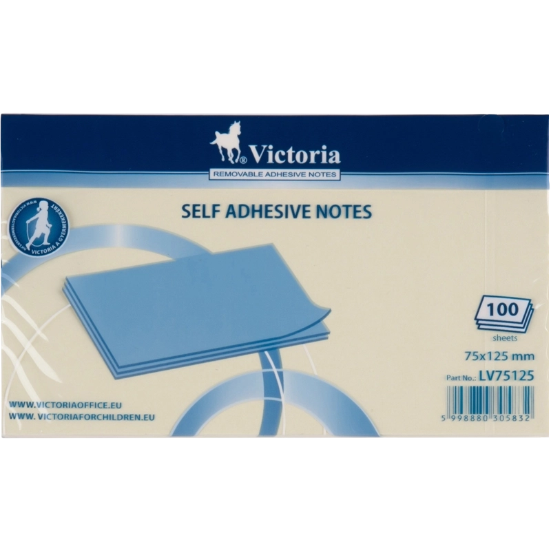 Self adhesive notes, 75x125 mm, 100 sheets, VICTORIA OFFICE, yellow