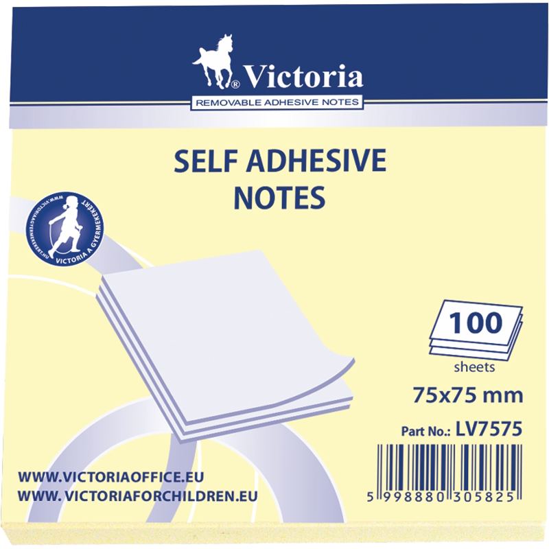 Öntapadó jegyzettömb, 75x75 mm, 100 lap, VICTORIA OFFICE, sárga