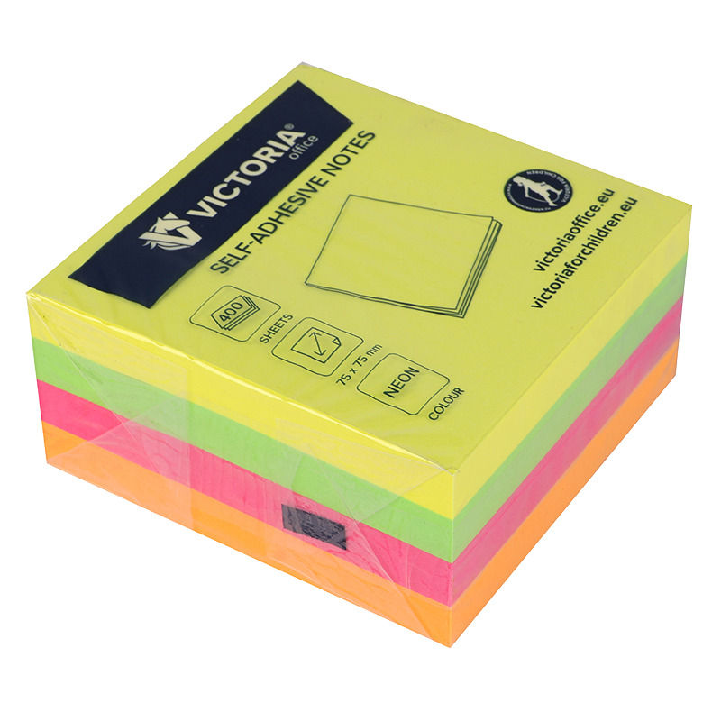Öntapadó jegyzettömb, 75x75 mm, 400 lap, VICTORIA OFFICE, neon