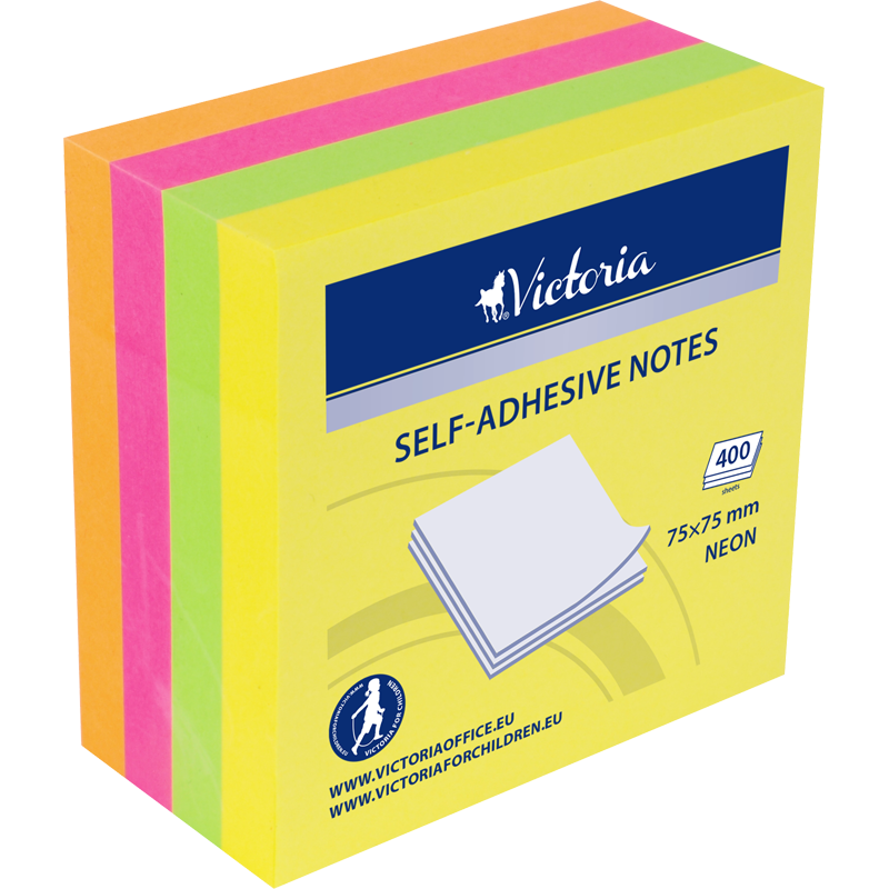 Self adhesive notes, 75x75 mm, 400 sheets, VICTORIA OFFICE, neon