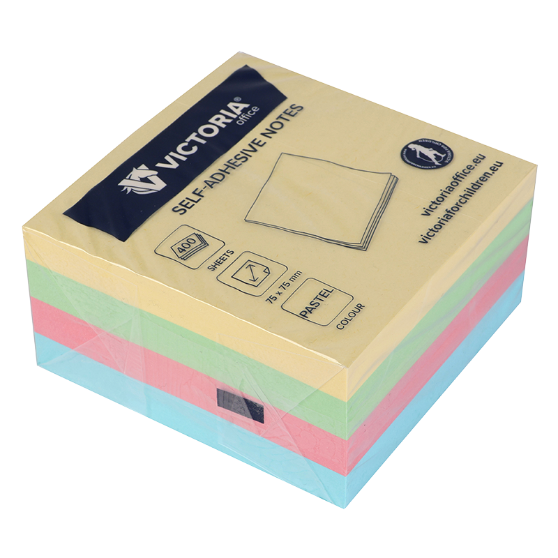 Öntapadó jegyzettömb, 75x75 mm, 400 lap, VICTORIA OFFICE, pasztell