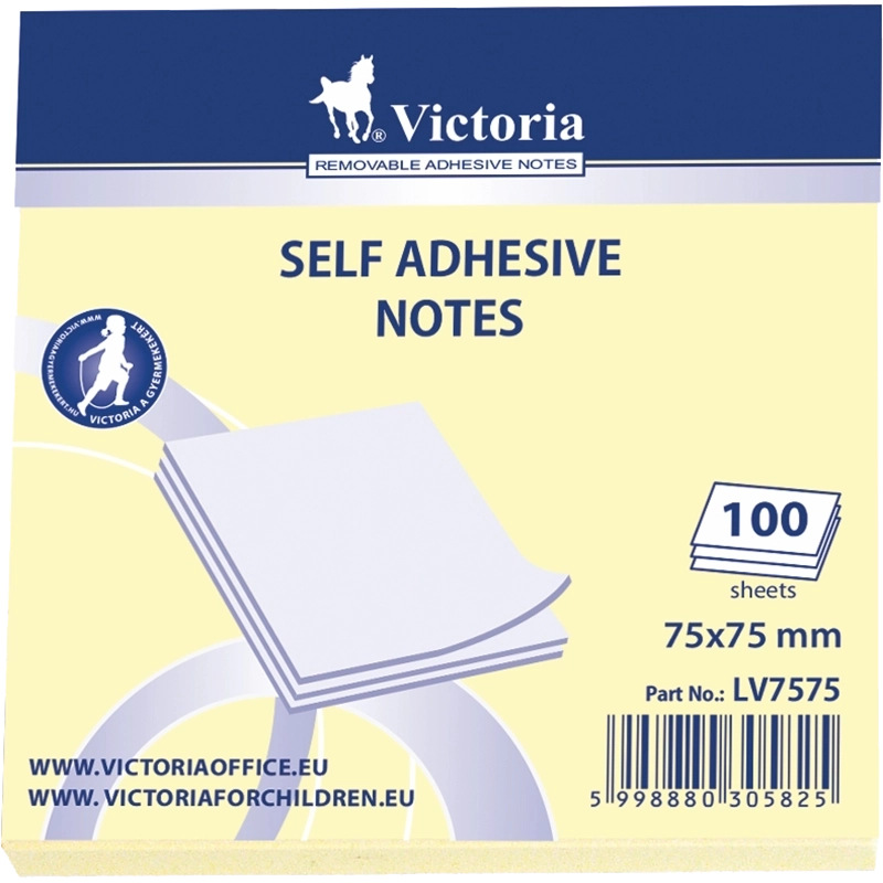 Self adhesive notes, 75x75 mm, 100 sheets, VICTORIA OFFICE, yellow