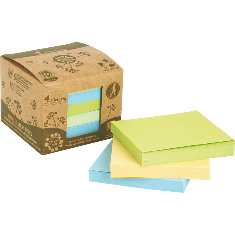 Öntapadó jegyzettömbtorony, 75x75 mm, 6x100 lap, környezetbarát, VICTORIA OFFICE, "Green", vegyes