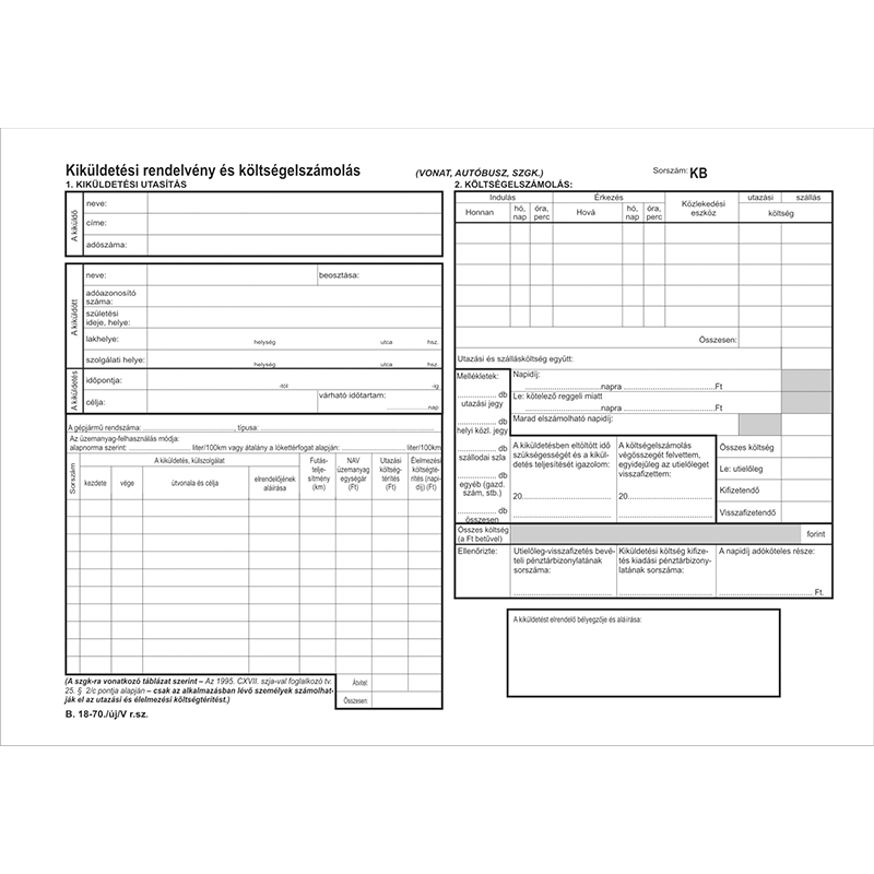 Nyomtatvány, kiküldetési utasítás és költségelszámolás, 25x2, A4, VICTORIA PAPER "B.18-70", 10 tömb/csomag