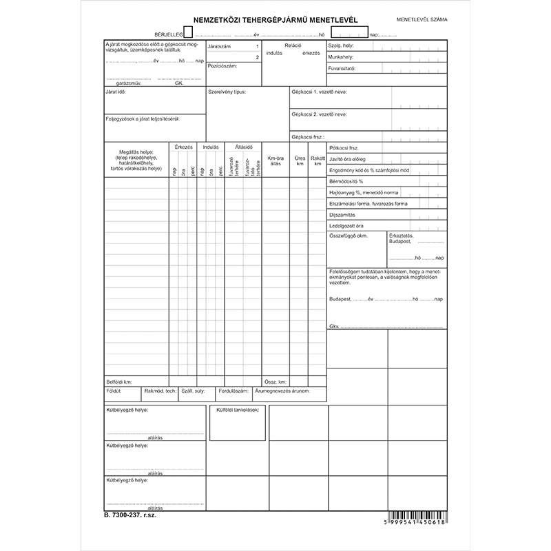 Nyomtatvány, nemzetközi tehergépjármű menetlevél, A3, VICTORIA PAPER "B.7300-237"