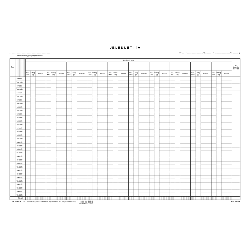 Nyomtatvány, jelenléti ív, 1 hónap-10 fő, A3, VICTORIA PAPER "C.60-3"