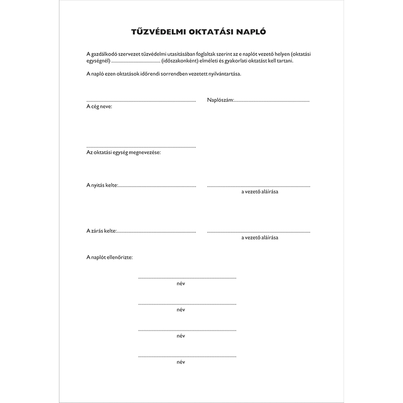 Nyomtatvány, tűzvédelmi oktatási napló, 40 oldal, A4, VICTORIA PAPER, 10 tömb/csomag
