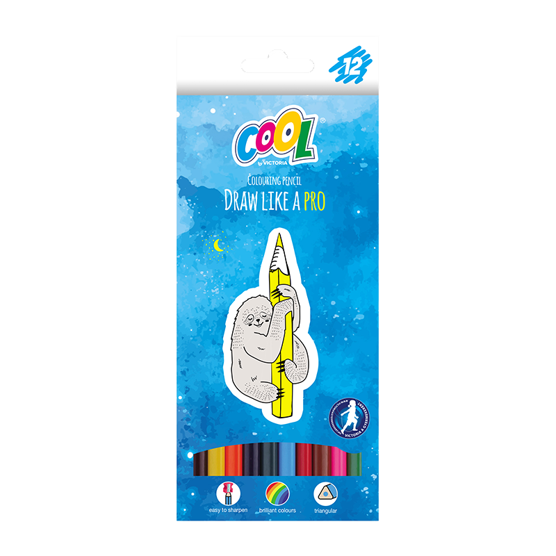 Színes ceruza készlet, háromszögletű, COOL BY VICTORIA, 12 különböző szín