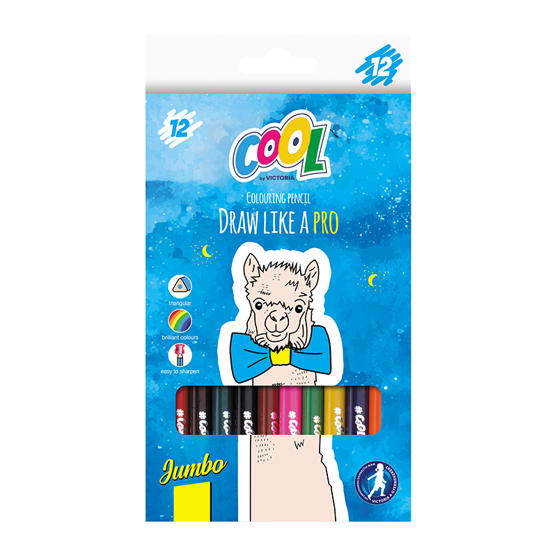 Színes ceruza készlet, háromszögletű, vastag, COOL BY VICTORIA, 12 különböző szín