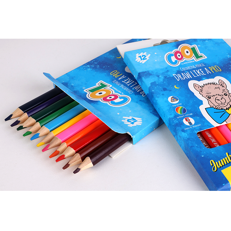 Színes ceruza készlet, háromszögletű, vastag, COOL BY VICTORIA, 12 különböző szín