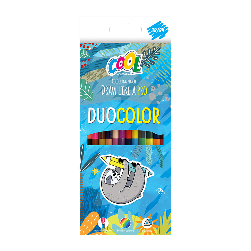 Színes ceruza készlet, háromszögletű, kétvégű, COOL BY VICTORIA "Duocolor", 24 különböző szín