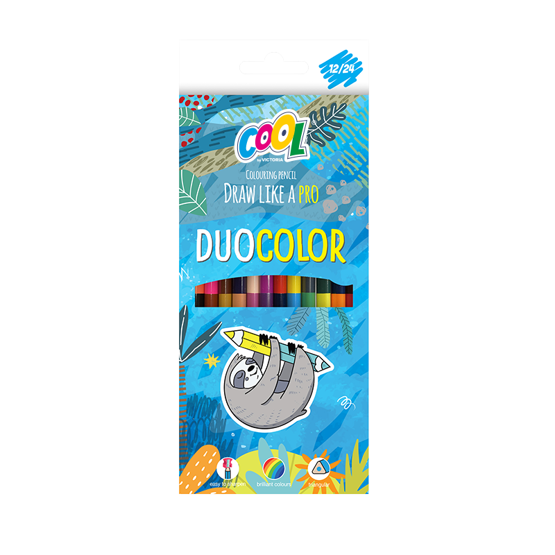 Színes ceruza készlet, háromszögletű, kétvégű, COOL BY VICTORIA "Duocolor", 24 különböző szín