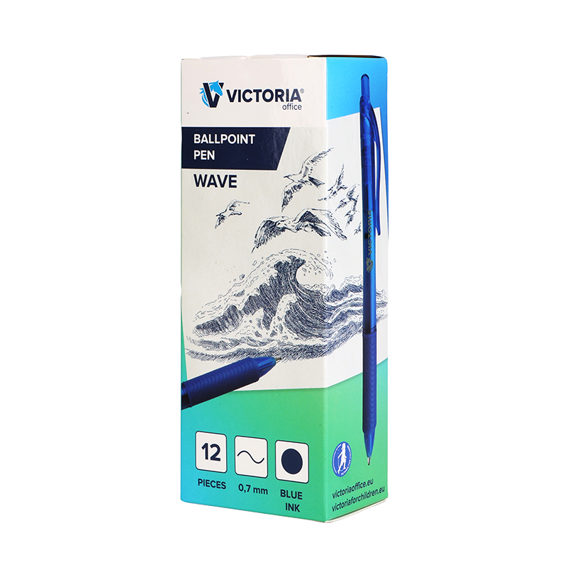 Golyóstoll, 0,7 mm, nyomógombos, VICTORIA OFFICE, „Wave”, kék