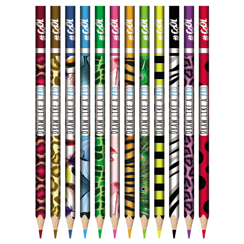 Színes ceruza készlet, háromszögletű, COOL BY VICTORIA "Wildlife", 12 különböző szín