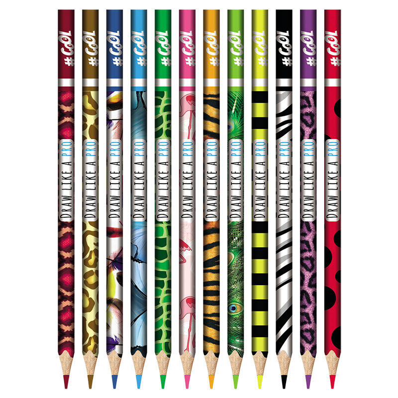 Színes ceruza készlet, háromszögletű, COOL BY VICTORIA "Wildlife", 12 különböző szín