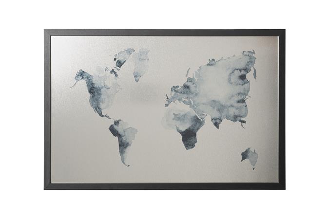 Message board, magnetic,silverfinish 60x40 cm, black frame, VICTORIA VISUAL, "World Map"